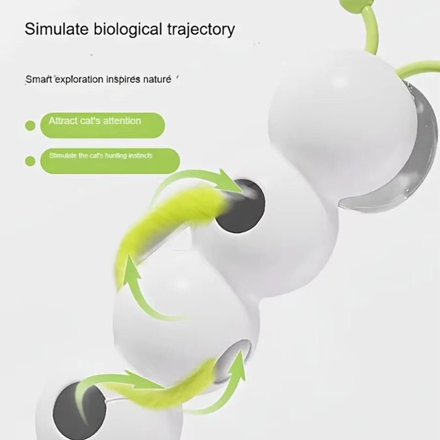 Smart Interactive Caterpillar Cat Toy for Indoor Cats in a bright green color with segmented body and tiny moving legs.