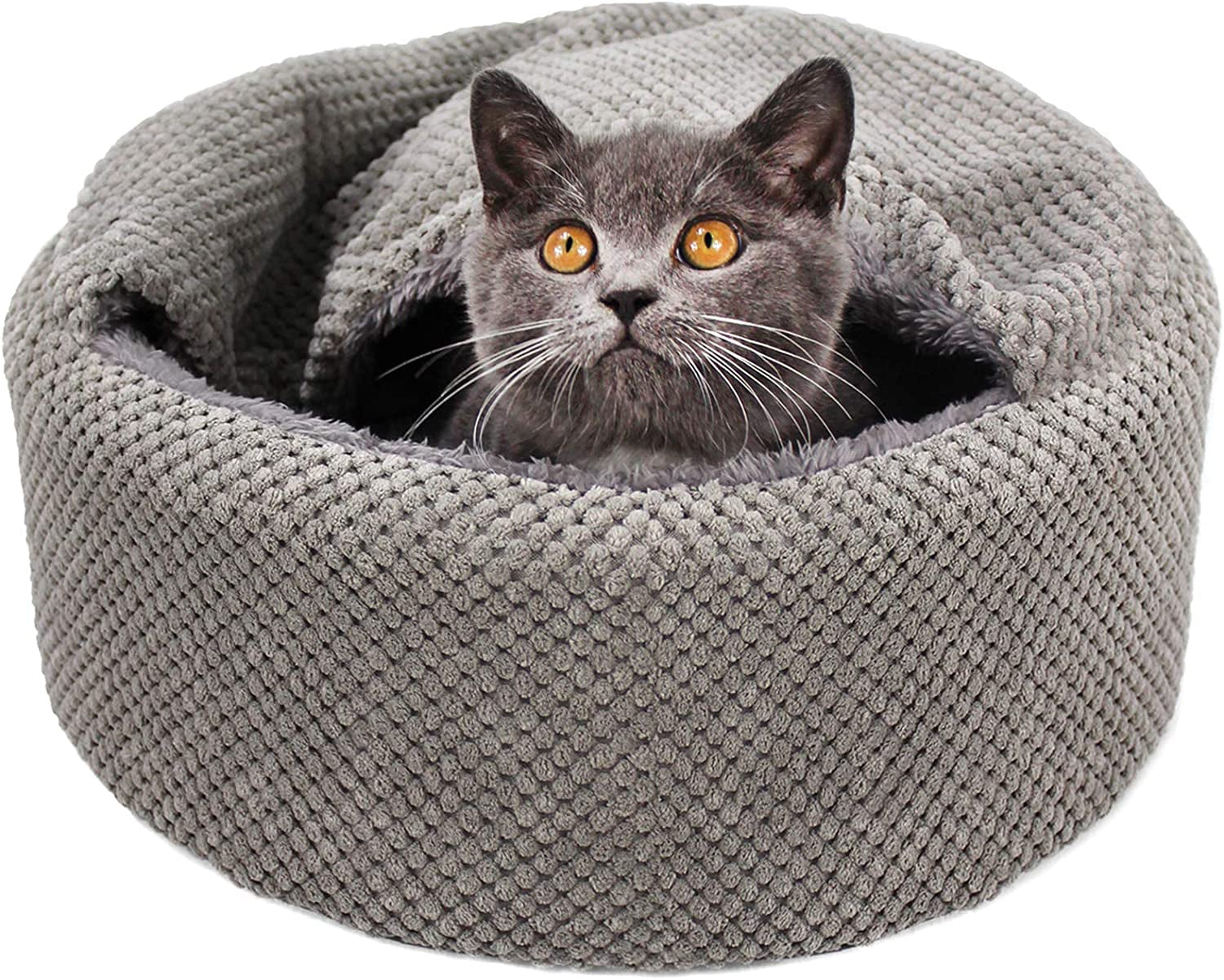 Washable Cat Bed - round Soft, Cozy & Warming for Indoor Cats. Calming Kitten Pet Bed. Small Pet Covered Cat Cave Beds (Gray,12.59 X 12.59 X 5.91 In)