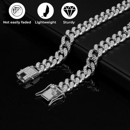 Dog Chain Collar Silver Dog Necklace Diamond Cuban Link Dog Collar 13Mm Wide Metal Pet Cat Dog Chain Crystal Collar Jewelry Accessories for Large Medium Small Dogs Cats(Silver,16 Inch)