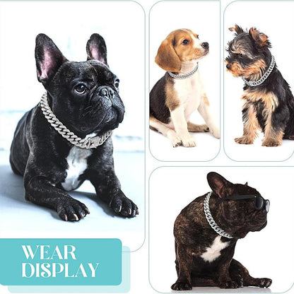 Dog Chain Collar Silver Dog Necklace Diamond Cuban Link Dog Collar 13Mm Wide Metal Pet Cat Dog Chain Crystal Collar Jewelry Accessories for Large Medium Small Dogs Cats(Silver,16 Inch)