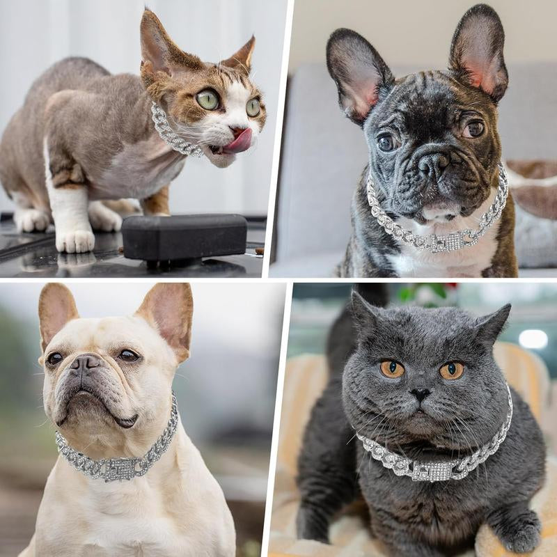 Dog Chain Collar Silver Dog Necklace Diamond Cuban Link Dog Collar 13Mm Wide Metal Pet Cat Dog Chain Crystal Collar Jewelry Accessories for Large Medium Small Dogs Cats(Silver,16 Inch)