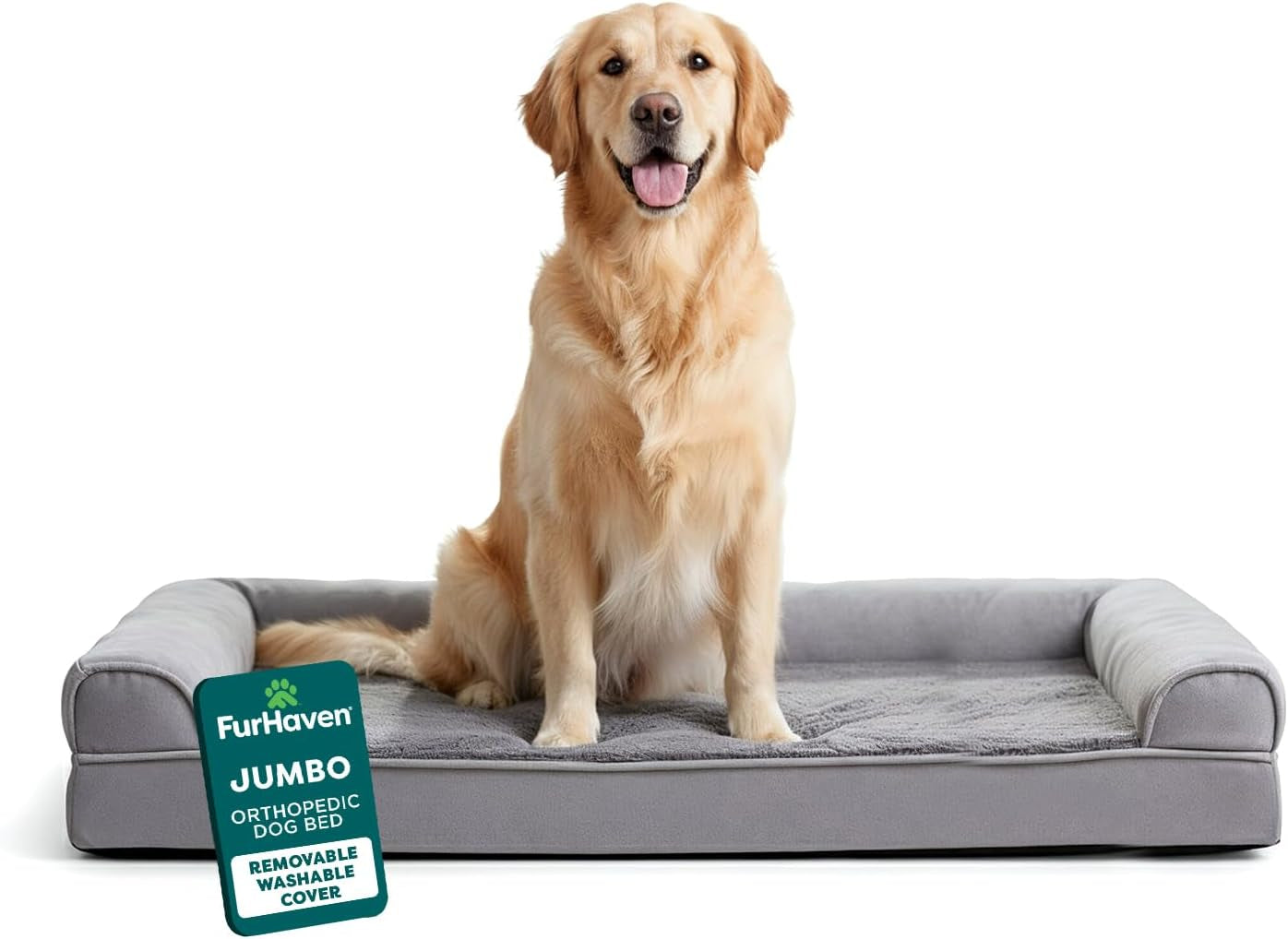 Orthopedic Dog Bed for Large Dogs W/ Removable Bolsters & Washable Cover, for Dogs up to 95 Lbs - Luxe Faux Fur & Performance Linen Sofa - Woodsmoke, Jumbo/Xl