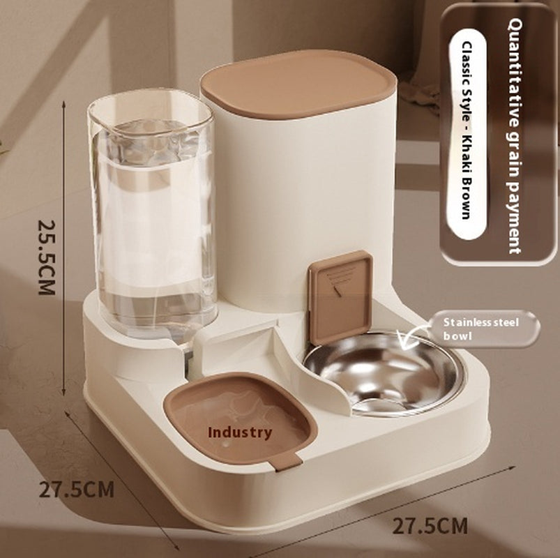 Household High-Capacity Pet Automatic Feeder with stainless steel bowl in khaki brown color.