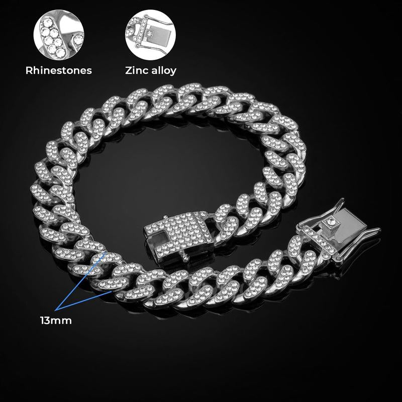 Dog Chain Collar Silver Dog Necklace Diamond Cuban Link Dog Collar 13Mm Wide Metal Pet Cat Dog Chain Crystal Collar Jewelry Accessories for Large Medium Small Dogs Cats(Silver,16 Inch)