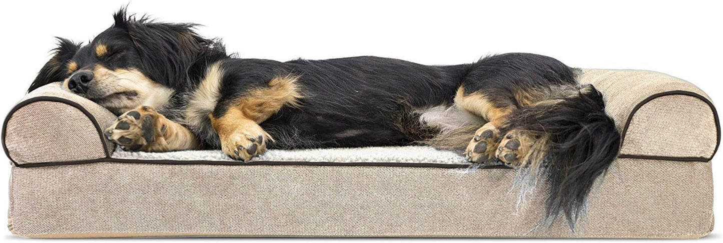 Orthopedic Dog Bed for Large Dogs W/ Removable Bolsters & Washable Cover, for Dogs up to 95 Lbs - Luxe Faux Fur & Performance Linen Sofa - Woodsmoke, Jumbo/Xl