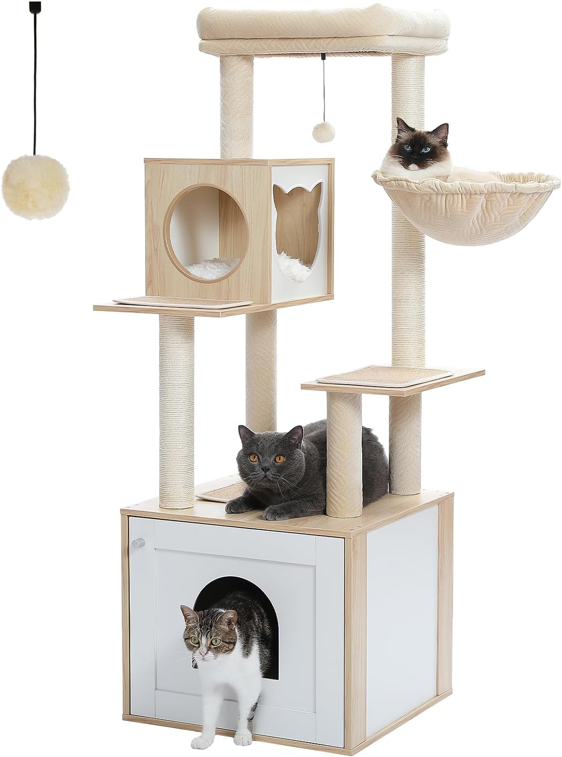 56.7" Cat Tree with Litter Box Enclosure Large, Wood Cat Tower for Indoor Cats with Storage Cabinet and Cozy Cat Condo, Sisal Covered Scratching Post and Repalcable Dangling Balls, Black