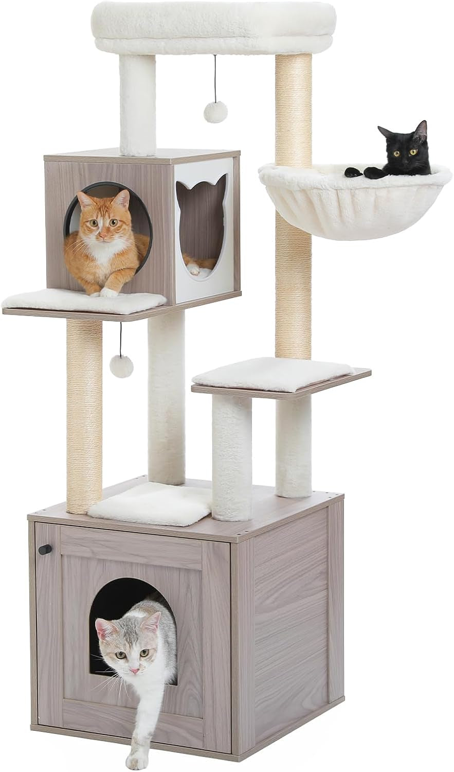 56.7" Cat Tree with Litter Box Enclosure Large, Wood Cat Tower for Indoor Cats with Storage Cabinet and Cozy Cat Condo, Sisal Covered Scratching Post and Repalcable Dangling Balls, Black