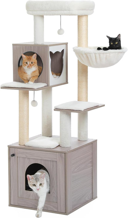 56.7" Cat Tree with Litter Box Enclosure Large, Wood Cat Tower for Indoor Cats with Storage Cabinet and Cozy Cat Condo, Sisal Covered Scratching Post and Repalcable Dangling Balls, Black