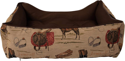 Huntley Pet English Equestrian Tapestry Design Rectangle Bolster Washable Soft Ped Beds Zip on 3 Sides - Small - 23.5" X 20.5" X 8"