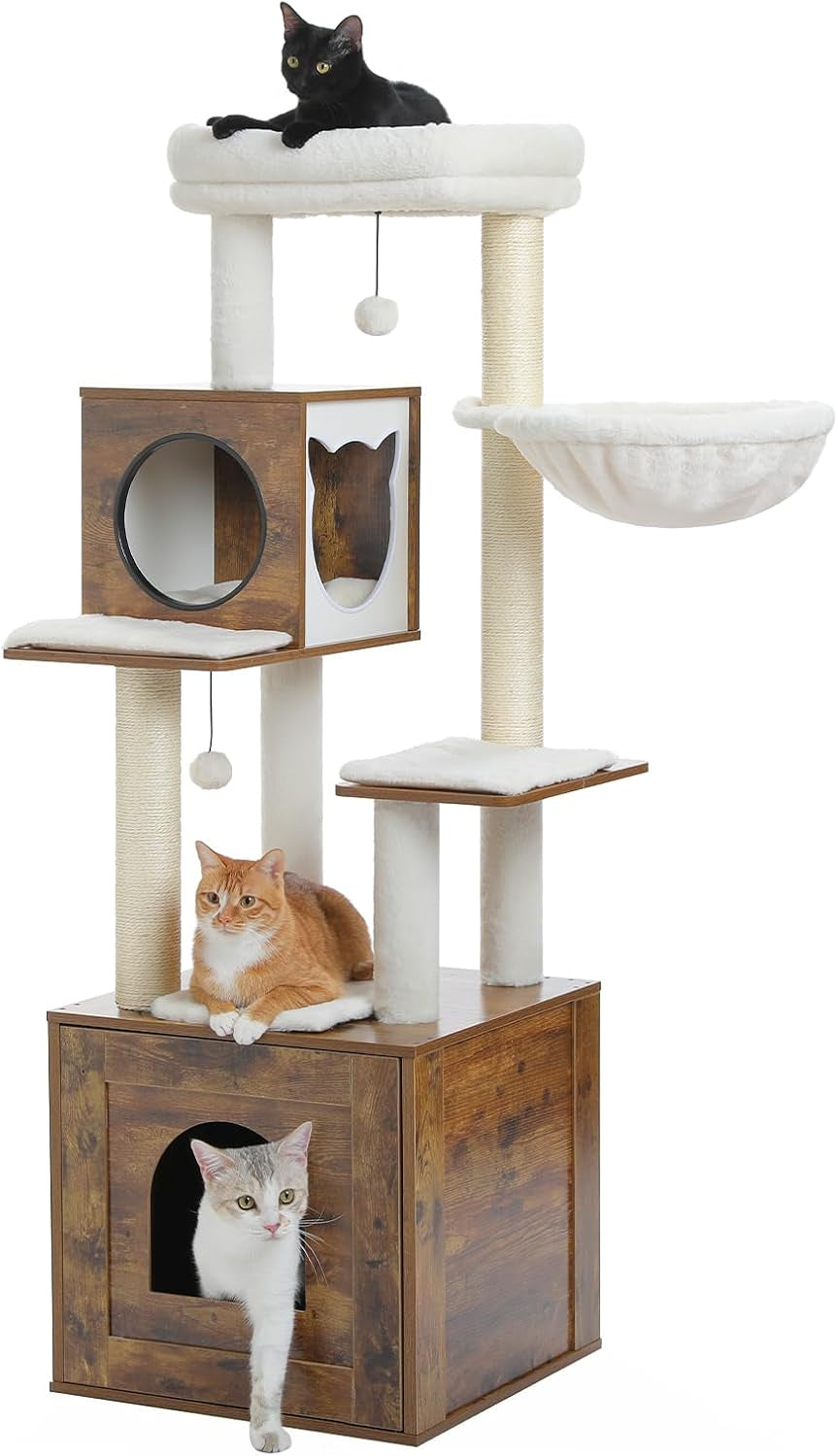 56.7" Cat Tree with Litter Box Enclosure Large, Wood Cat Tower for Indoor Cats with Storage Cabinet and Cozy Cat Condo, Sisal Covered Scratching Post and Repalcable Dangling Balls, Black