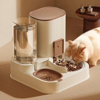 Household High-Capacity Pet Automatic Feeder with cat eating food and water dispenser.