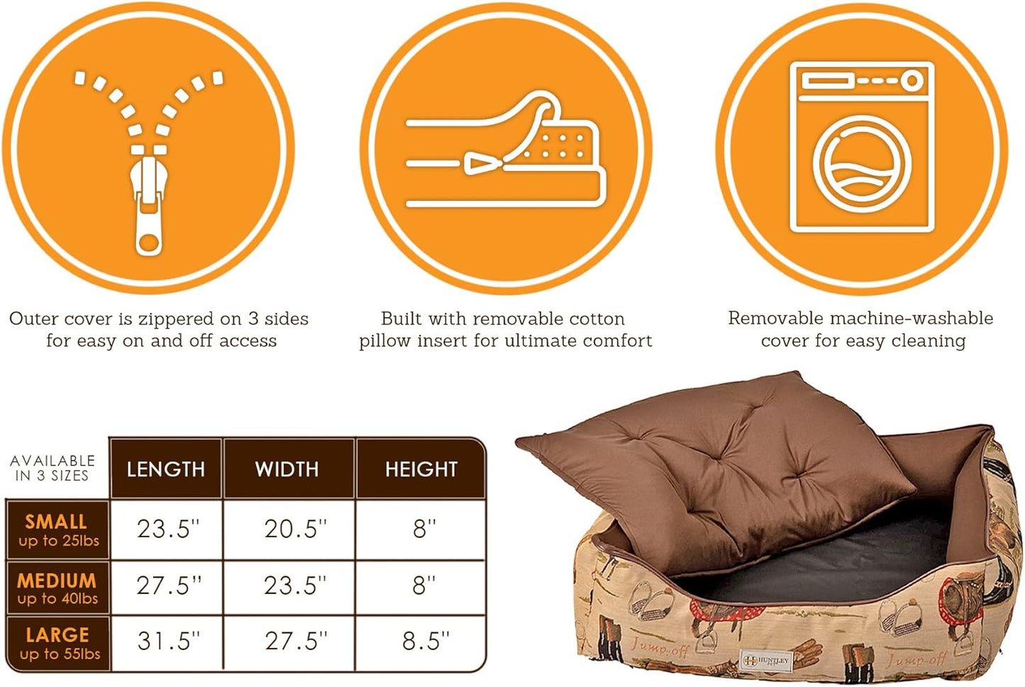 Huntley Pet English Equestrian Tapestry Design Rectangle Bolster Washable Soft Ped Beds Zip on 3 Sides - Small - 23.5" X 20.5" X 8"