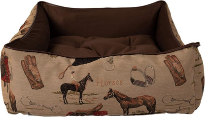 Huntley Pet English Equestrian Tapestry Design Rectangle Bolster Washable Soft Ped Beds Zip on 3 Sides - Small - 23.5" X 20.5" X 8"