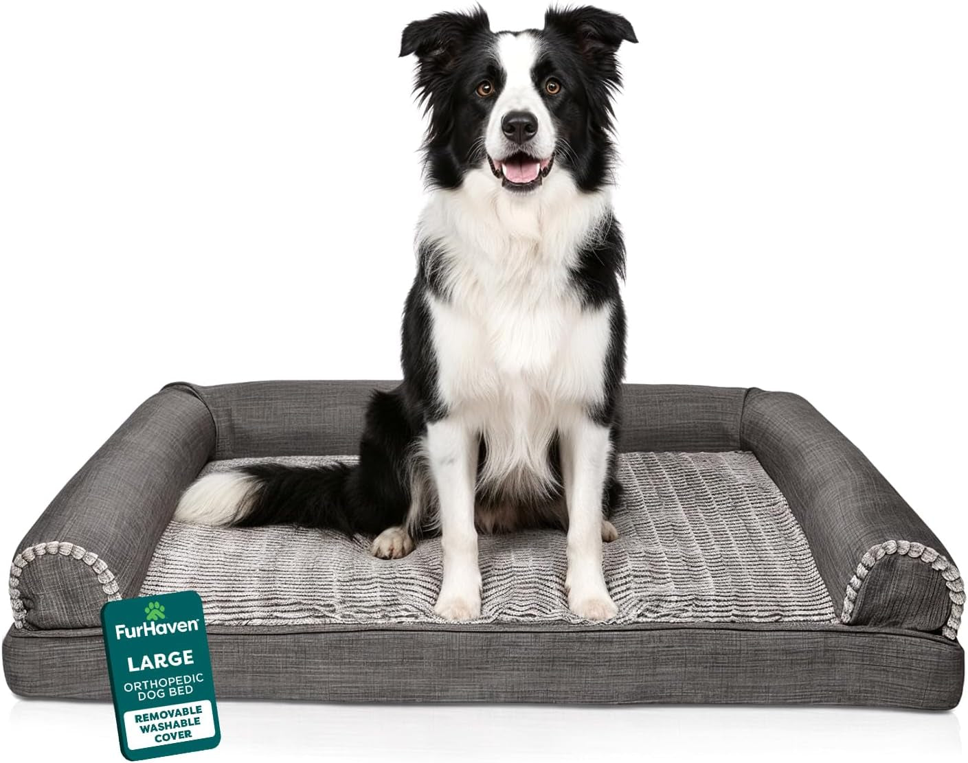 Orthopedic Dog Bed for Large Dogs W/ Removable Bolsters & Washable Cover, for Dogs up to 95 Lbs - Luxe Faux Fur & Performance Linen Sofa - Woodsmoke, Jumbo/Xl