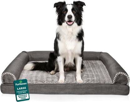Orthopedic Dog Bed for Large Dogs W/ Removable Bolsters & Washable Cover, for Dogs up to 95 Lbs - Luxe Faux Fur & Performance Linen Sofa - Woodsmoke, Jumbo/Xl