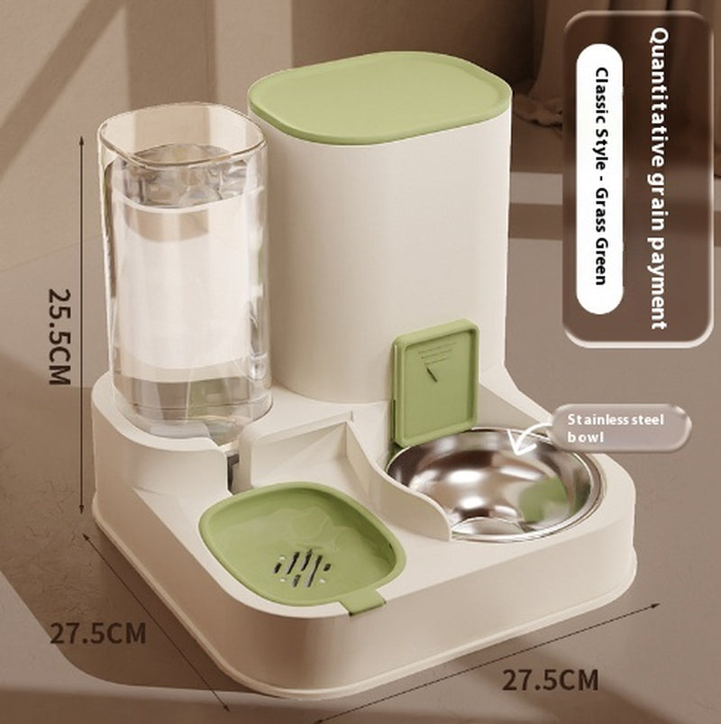 Household High-Capacity Pet Automatic Feeder in classic grass green, featuring stainless steel bowl and water container.