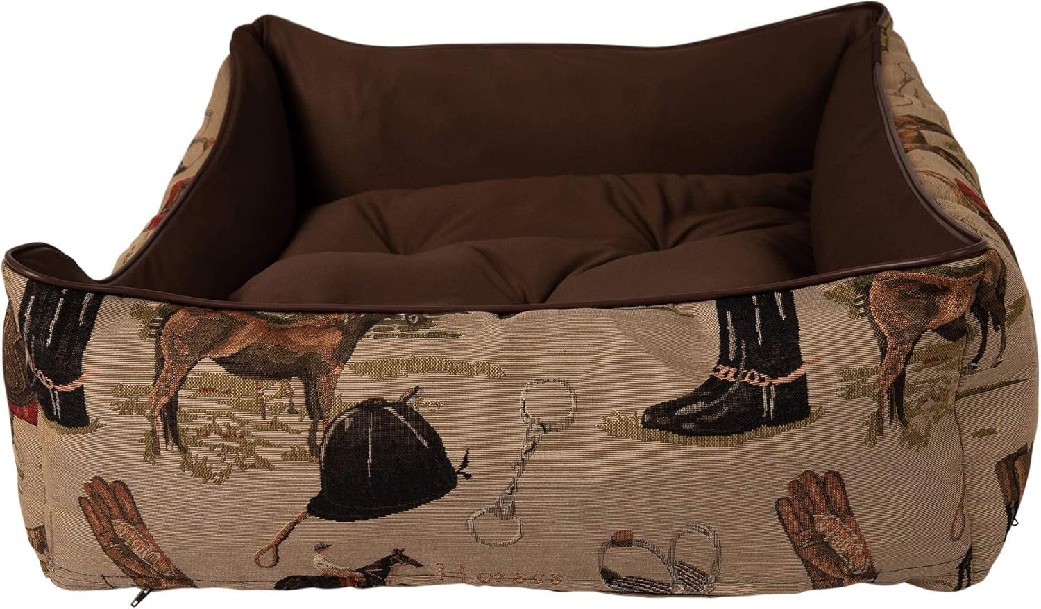 Huntley Pet English Equestrian Tapestry Design Rectangle Bolster Washable Soft Ped Beds Zip on 3 Sides - Small - 23.5" X 20.5" X 8"