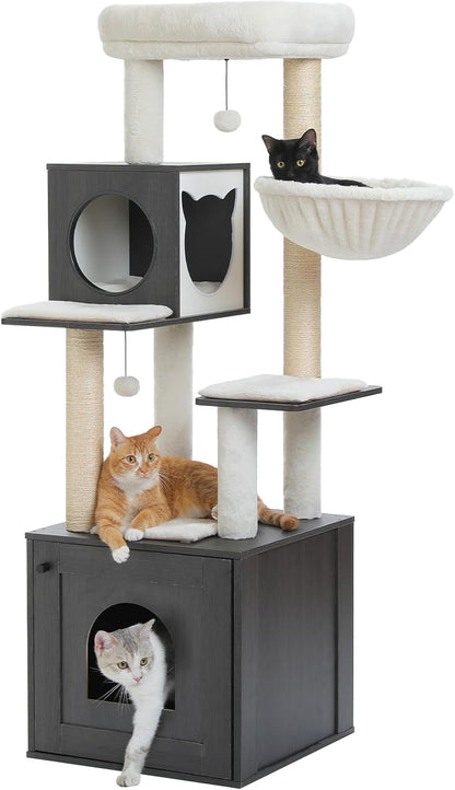 56.7" Cat Tree with Litter Box Enclosure Large, Wood Cat Tower for Indoor Cats with Storage Cabinet and Cozy Cat Condo, Sisal Covered Scratching Post and Repalcable Dangling Balls, Black