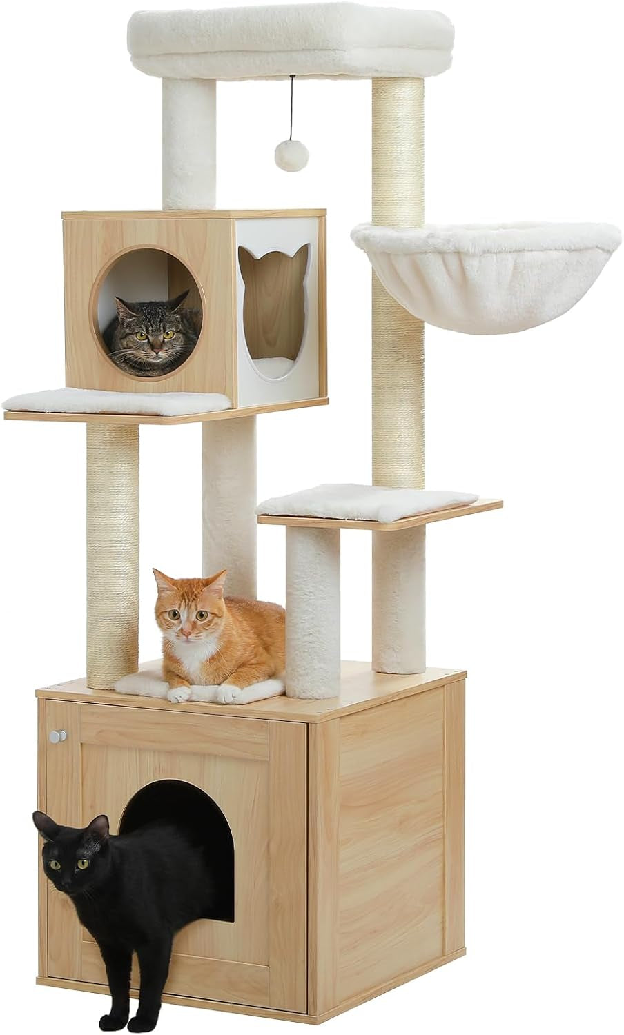 56.7" Cat Tree with Litter Box Enclosure Large, Wood Cat Tower for Indoor Cats with Storage Cabinet and Cozy Cat Condo, Sisal Covered Scratching Post and Repalcable Dangling Balls, Black