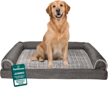 Orthopedic Dog Bed for Large Dogs W/ Removable Bolsters & Washable Cover, for Dogs up to 95 Lbs - Luxe Faux Fur & Performance Linen Sofa - Woodsmoke, Jumbo/Xl